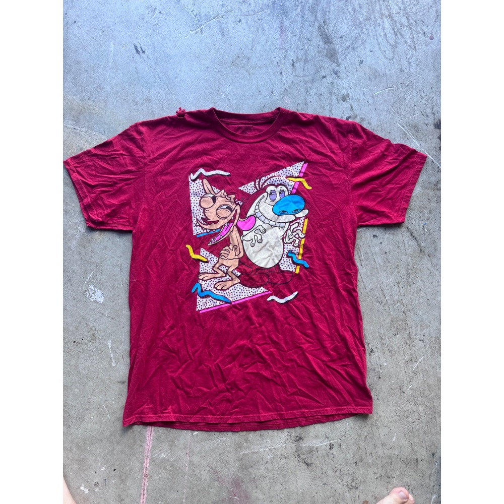 Nickelodeon Ren & Stimpy Graphic T-Shirt Red Mens XL Distressed 90s Style